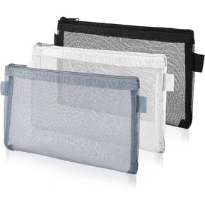 3 Pieces Pencil Pouch Clear Makeup Bags Nylon Mesh Pen Pouch with Zipper Pencil Case Stationery Storage Bag for Home Office Supplies Cosmetics Travel Accessories (Black, White, Grey)
