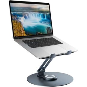 Swivel Laptop Stand for Desk, Adjustable Height Aluminum Computer Stand with 360 Rotating Base, Foldable Ergonomic Riser, Portable Laptop Holder Compatible with MacBook, All Laptops 10-17'', Pink