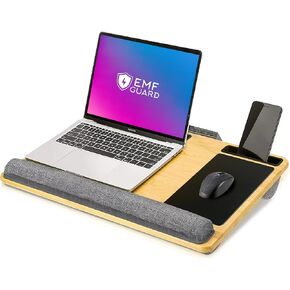 Lap Desk for Laptop with EMF Blocker Protection - Natural Bamboo Shields Heat, Left & Right Hand Mouse Pads, Trays for Tablet & Phone, Grounding Cable, Storage Pocket, Portable w/Handle