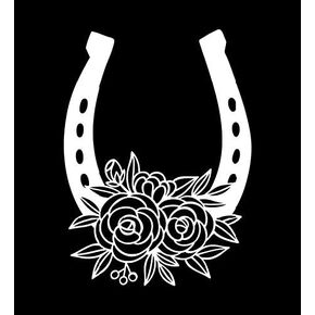 Floral Horseshoe Vinyl Decal | White | Made in USA by Foxtail Decals | for Car Windows, Tablets, Laptops, Water Bottles, etc. | 3.3 x 4.5 inch
