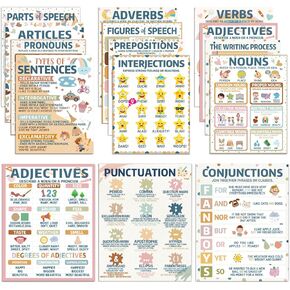 ZOIIWA 14 PCS Boho Parts of Speech Posters for Classroom Decorations Boho Grammar Posters Language Arts Back to School Rainbow Hearts Educational Elementary Posters Supplies for Class School Decor