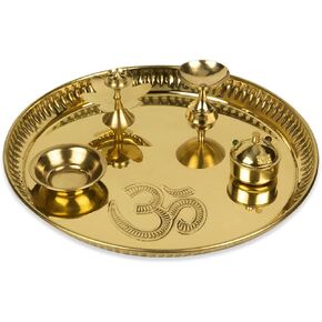 Om Pooja Brass Plate Set (Diameter - 20cm) - Puja Arti/Aarti Thali for Home Mandir | Temple | Diwali Decoration | Wedding | Home Decor