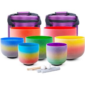 KVKA 432hz 7-12 inch Crystal Singing Bowls Set of 7 pcs Quartz Frosted Singing Bowls For Sound Healing with 2 PCS Travel Carry Case Bag (7-12inch, Rainbow)