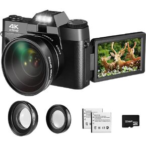 4K Digital Camera for Photography and Video,Autofocus 16X 48MP HD Vlogging Camera for YouTube with WiFi Anti-Shake Compact Camcorder Vedio Camera with 3" 180° IPS Flip Scree(32GB SD Card 2 Batteries)