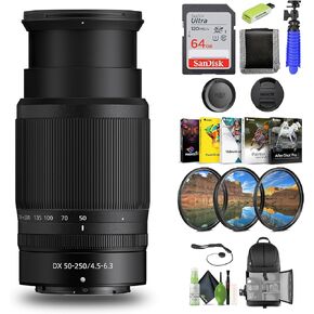Nikon NIKKOR Z DX 50-250mm f/4.5-6.3 VR Telephoto Zoom Lens for Nikon Z Series Mirrorless Cameras (20085) + 64GB Card + Filter Kit + Backpack + Card Reader + Corel Photo Software + More (Renewed)