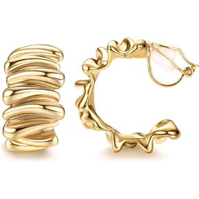 THUNARAZ Gold Clip on Earrings Women 14K Gold Hoop Clip on Earrings Hypoallergenic Chunky Clip Earrings Non-Pierced Jewelry Lightweight