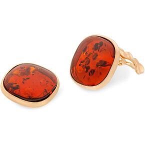 Women's Rotonda Ear Clips with Amber, Gold Plated Sterling Silver, Baltic Amber in Cognac Colour