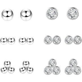 Sterling Silver Stud Earrings Set for Women Hypoallergenic Small Gold Round Cubic Zirconia and Ball Tiny Dot Stud Earrings Multiple Pack (6 Pairs)