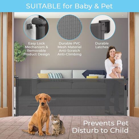 Retractable Gate 138 inch Extra-Wide Dog Gates, Mesh Dog Gates for Pets, Retractable Dog Gates for Doorways and Stairs, Indoor Mesh Dog Gates for Wide Openings by GloryBella - Grey in Saudi Arabia