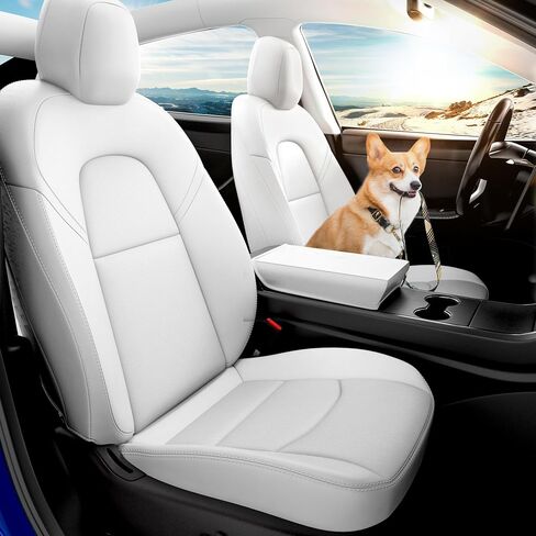 مجموعة كاملة من أغطية مقاعد السيارة من 5 قطع من oEdRo متوافقة مع 2020 2021 2022 2023 Tesla Model Y 5 مقاعد، غطاء مقعد حامي خلفي للشاحنة من جلد نابا، أحمر (أبيض) in Saudi Arabia