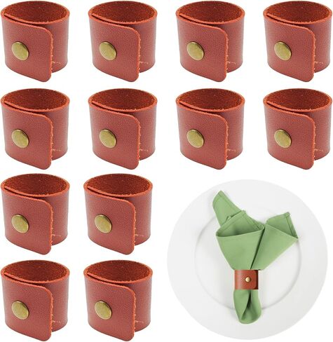 12 Pack Leather Napkin Rings Handmade PU Faux Leather Napkin Ring, Vintage Buckle Napkin Holder for Table Decor, Holiday Napkin Rings for Party Wedding Dinner Table Decor in Saudi Arabia