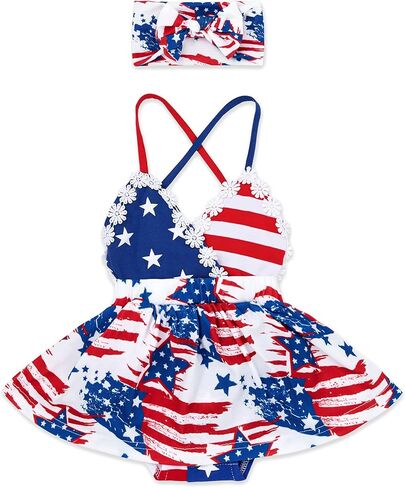 فستان الرابع من يوليو لحديثي الولادة، ملابس للفتيات الصغيرات، فستان طويل بعلم أمريكي، ملابس بنجوم وخطوط، طقم مكون من قطعتين in Kuwait