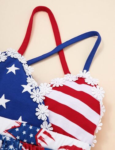 فستان الرابع من يوليو لحديثي الولادة، ملابس للفتيات الصغيرات، فستان طويل بعلم أمريكي، ملابس بنجوم وخطوط، طقم مكون من قطعتين in Kuwait