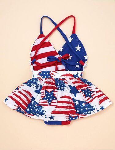 فستان الرابع من يوليو لحديثي الولادة، ملابس للفتيات الصغيرات، فستان طويل بعلم أمريكي، ملابس بنجوم وخطوط، طقم مكون من قطعتين in Kuwait