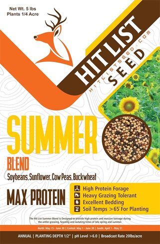 Summer Food Plot Seeds, 5 lbs (1/4 Acre) - Perfect Summer Mix, Soybeans, Sunflowers, Cow Peas, Buckwheat, High in Protein for Critical Summer Months, Attractive to Whitetail, Hunting in Saudi Arabia