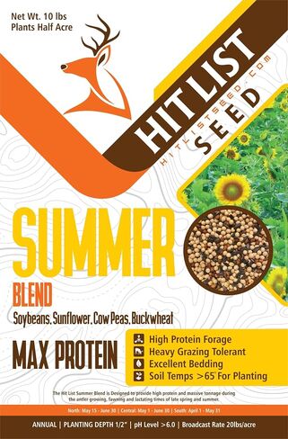 Summer Food Plot Seeds, 5 lbs (1/4 Acre) - Perfect Summer Mix, Soybeans, Sunflowers, Cow Peas, Buckwheat, High in Protein for Critical Summer Months, Attractive to Whitetail, Hunting in Saudi Arabia