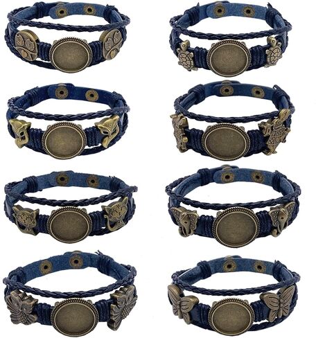 مياو جين 8 قطع سوار جلدي مضفر صنع عدة 18 ملم فارغة جولة كابوشون الحافة صينية زر ضبط جلدي متعدد الطبقات حبل سوار الكفة سوار معصم للصناعة اليدوية (أشكال مختلطة) in Kuwait