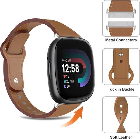 Mosstek Leather Band compatible with Fitbit Versa 4/ Versa 3/ Fitbit Sense/Sense 2, Slim Tuck-in Buckle Wristband for Women men in Saudi Arabia