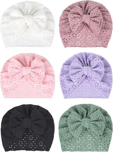 6 PCS Cotton Baby Hat with Bows for Girls, Pink Stretchy Baby Hats, Baby Boy Turban Hat for Toddler Infant Caps (17-17) in Kuwait
