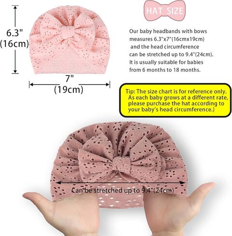 6 PCS Cotton Baby Hat with Bows for Girls, Pink Stretchy Baby Hats, Baby Boy Turban Hat for Toddler Infant Caps (17-17) in Kuwait
