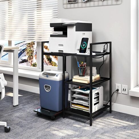 حامل طابعة TC-HOMENY مع رف قابل للسحب، حامل طابعة منزلي متعدد الوظائف بثلاث طبقات مع محطة شحن (أسود) in Kuwait