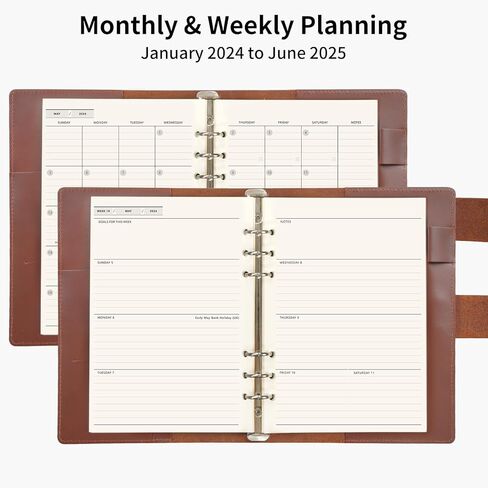 Nekmit Leather Planner 2024-2025, Monthly Weekly Planner, A5 Refillable 6 Ring Binder, Genuine Leather Cover with Inner Pockets and Pen Holder, Brown in Kuwait