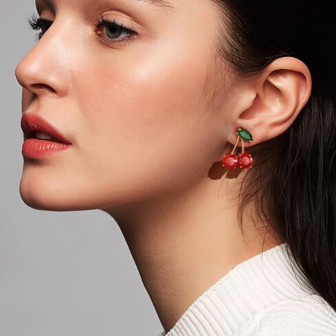 Hefanny Delicate Fashion Love lock Pineapple Rainbow Bow Colorful flowers Strawberry Grape Pomegranate Lemon Stud Earrings for Women Girls 14K Gold-plated Cute Cubic Zirconia Stud Earrings Fruit Shape Sterling Silver Hypoallergenic Jewelry Gift (Cherry CZ in Kuwait