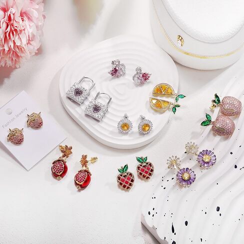Hefanny Delicate Fashion Love lock Pineapple Rainbow Bow Colorful flowers Strawberry Grape Pomegranate Lemon Stud Earrings for Women Girls 14K Gold-plated Cute Cubic Zirconia Stud Earrings Fruit Shape Sterling Silver Hypoallergenic Jewelry Gift (Cherry CZ in Kuwait