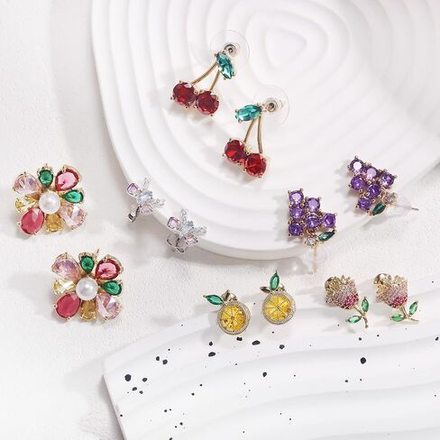 Hefanny Delicate Fashion Love lock Pineapple Rainbow Bow Colorful flowers Strawberry Grape Pomegranate Lemon Stud Earrings for Women Girls 14K Gold-plated Cute Cubic Zirconia Stud Earrings Fruit Shape Sterling Silver Hypoallergenic Jewelry Gift (Cherry CZ in Kuwait