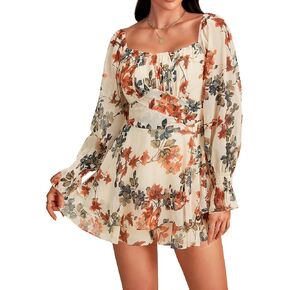 LYANER Women's Floral Print Off Shoulder Long Sleeve Ruffle Hem Romper Short Jumpsuit in Kuwait