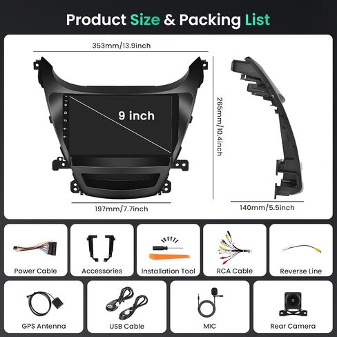 Hikity 9" Android Car Radio Touchscreen Car Stereo for Hyundai Elantra 2014 2015 2016 with Wireless Carplay Android Auto 2+64G Mirror Link GPS WiFi Bluetooth SWC Backup Cam FM Mic in Saudi Arabia