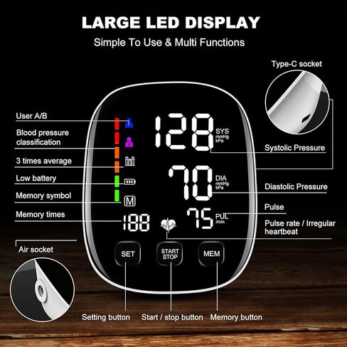 Blood Pressure Monitors for Home Use, 9-17'' & 13-21'' Extra Large Blood Pressure Cuff Upper Arm Blood Pressure Machine, 6 in Large LED Backlit Display, USB Cable & Batteries Included in Saudi Arabia