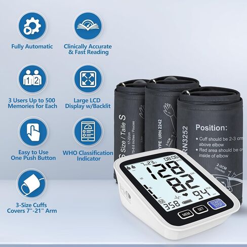 Blood Pressure Machine Upper Arm, 2 Size Cuffs Fit Arms from Medium 9"-17" to Extra Large XL 13"-21", Accurate Automatic Digital BP Kit Home Use, Large Backlit LCD, BP Monitor Dual-User Mode in Saudi Arabia
