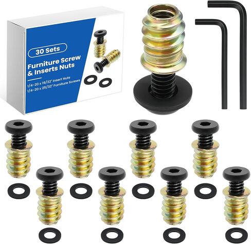 30 Sets 1/4-20 Threaded Insert and Bolt for Wood, 1/4-20 x 25/32" Furniture Screw, 1/4-20 x 19/32" Screw-in Nuts Bolt Fastener Connector Hex Socket Drive with Hex Spanner and Washers in Kuwait