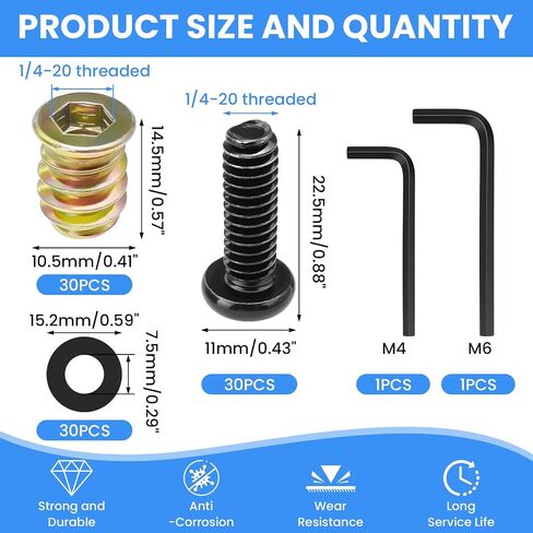 30 Sets 1/4-20 Threaded Insert and Bolt for Wood, 1/4-20 x 25/32" Furniture Screw, 1/4-20 x 19/32" Screw-in Nuts Bolt Fastener Connector Hex Socket Drive with Hex Spanner and Washers in Kuwait