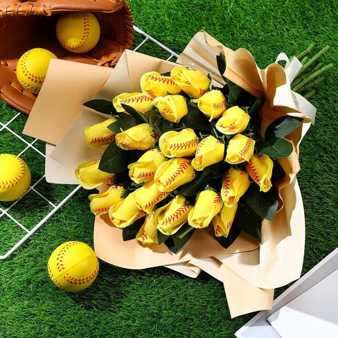 Suhine 12 Pcs Softball Rose Bulk Artificial Baseball Gifts Flower Sport Decor for Graduation Wedding Party Sports Theme Bouquet Gift for Girl Coach Team Player Fan in Saudi Arabia