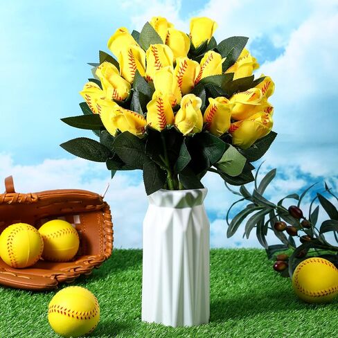 Suhine 12 Pcs Softball Rose Bulk Artificial Baseball Gifts Flower Sport Decor for Graduation Wedding Party Sports Theme Bouquet Gift for Girl Coach Team Player Fan in Saudi Arabia