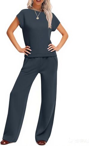 Two Piece Sets for Women Summer Lounge Sets Short Sleeve Wide Leg Casual Beach Vacation Outfits Sweatsuit Tracksuit in Kuwait
