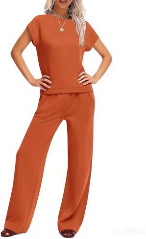 Two Piece Sets for Women Summer Lounge Sets Short Sleeve Wide Leg Casual Beach Vacation Outfits Sweatsuit Tracksuit in Kuwait