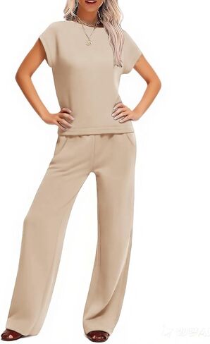 Two Piece Sets for Women Summer Lounge Sets Short Sleeve Wide Leg Casual Beach Vacation Outfits Sweatsuit Tracksuit in Kuwait