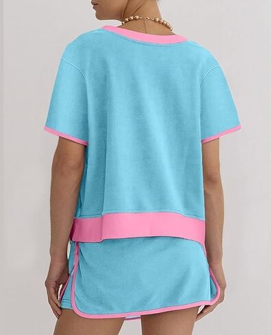Two Piece Sets for Women Summer Casual Short Sleeve Tshirts and Drawstring Mini Skirts Vacation Lounge Sets in Kuwait