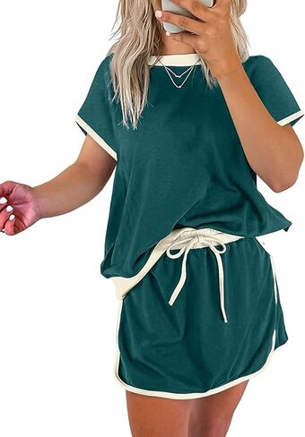 Two Piece Sets for Women Summer Casual Short Sleeve Tshirts and Drawstring Mini Skirts Vacation Lounge Sets in Kuwait