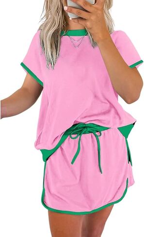 Two Piece Sets for Women Summer Casual Short Sleeve Tshirts and Drawstring Mini Skirts Vacation Lounge Sets in Kuwait