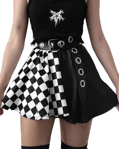 AUBKERE GOTHIC Black Plaid Jains مرنة الخصر MINI SKIRT GOTH HARAJUKU PATCHWARK in Kuwait