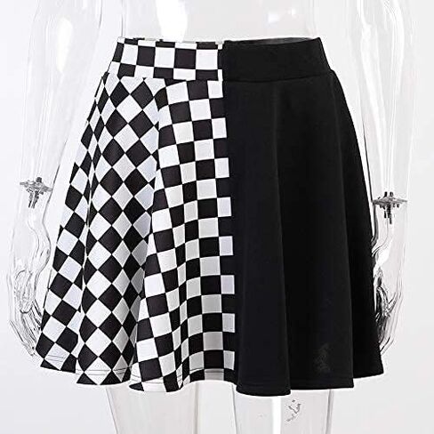 AUBKERE GOTHIC Black Plaid Jains مرنة الخصر MINI SKIRT GOTH HARAJUKU PATCHWARK in Kuwait