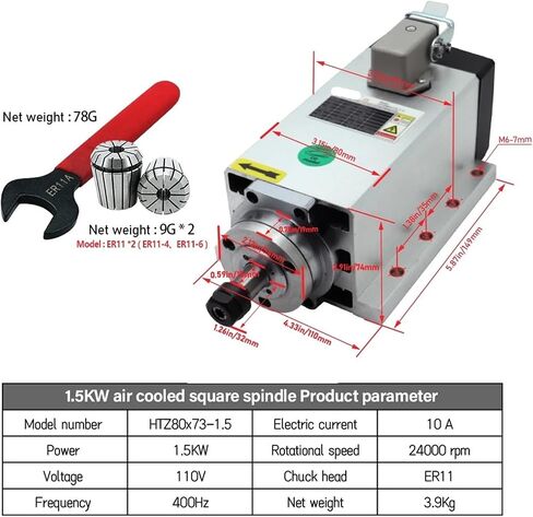 1.5kw محرك المغزل 110V / 220V ER11 400Hz 24000RPM + er11a مفتاح الربط + 2 PCS ER11 Chuck 4mm 6mm (220V) in Saudi Arabia