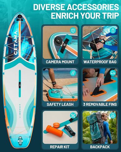 Cetana 11'6 × 35 "لوحة مجداف واسعة إضافية قابلة للنفخ ، لوحة مجداف الوقوف للمبتدئين ، سعة 450 رطل SUP للعائلة مع مقود السلامة ، حقيبة مقاومة للماء ، 3 زعانف قابلة للإزالة ، مضخة العمل المزدوجة ومضرب العائمة in Kuwait