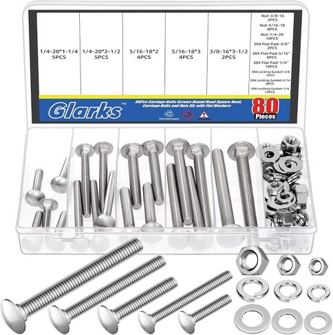 Glarks 80pcs 1/4-20x1-1/4’’, 1/4-20x2-1/2’’, 5/16-18x2’’, 5/16-18x3’’, 3/8-16x3-1/2’’ Carriage Bolts Screws, Round Head Square Neck Bolts, Square Neck Carriage Bolts Screws with Nuts and Washers in Saudi Arabia