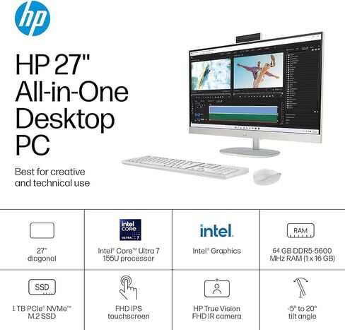 HP 27 بوصة FHD شاشة تعمل باللمس بالكامل في كمبيوتر واحد على سطح المكتب ، ترخيص Office Pro Lifetime ، Intel 12-Core Ultra 7 155U (Beats I7-1355U) ، 16 GB DDR5 ، 1 TB SSD ، Wireless KB ، Mouse ، Windows 11 Pro in Saudi Arabia