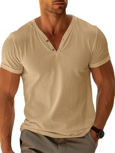 Runcati Mens Casual T Shirts Short Sleeve V Neck Henley Shirt Button Basic Fashion Summer Beach Tee Tops in Saudi Arabia